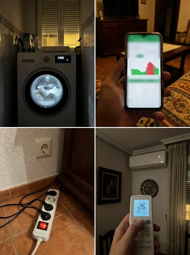 Formas habituales de ahorrar luz en España: lavadora por la noche, comparar tarifas, regleta con interruptor y aire acondicionado a 26 °C