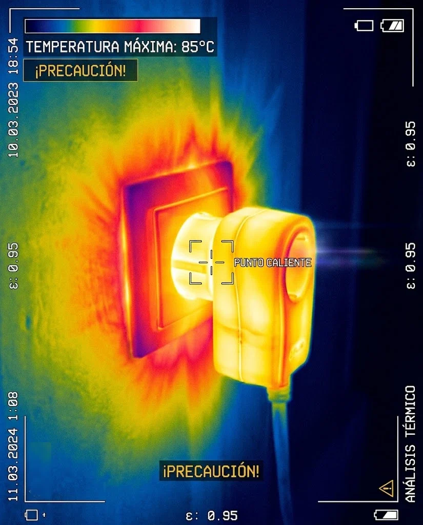 Cámara térmica: punto caliente en un enchufe de casa