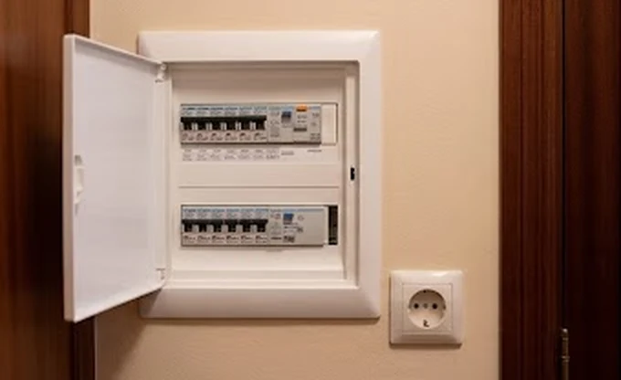 Enchufe junto al cuadro eléctrico de una vivienda en España