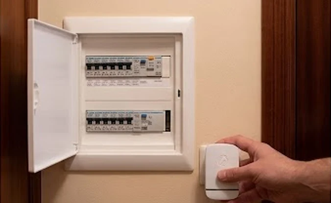 Mano enchufando StopWatt junto al cuadro eléctrico