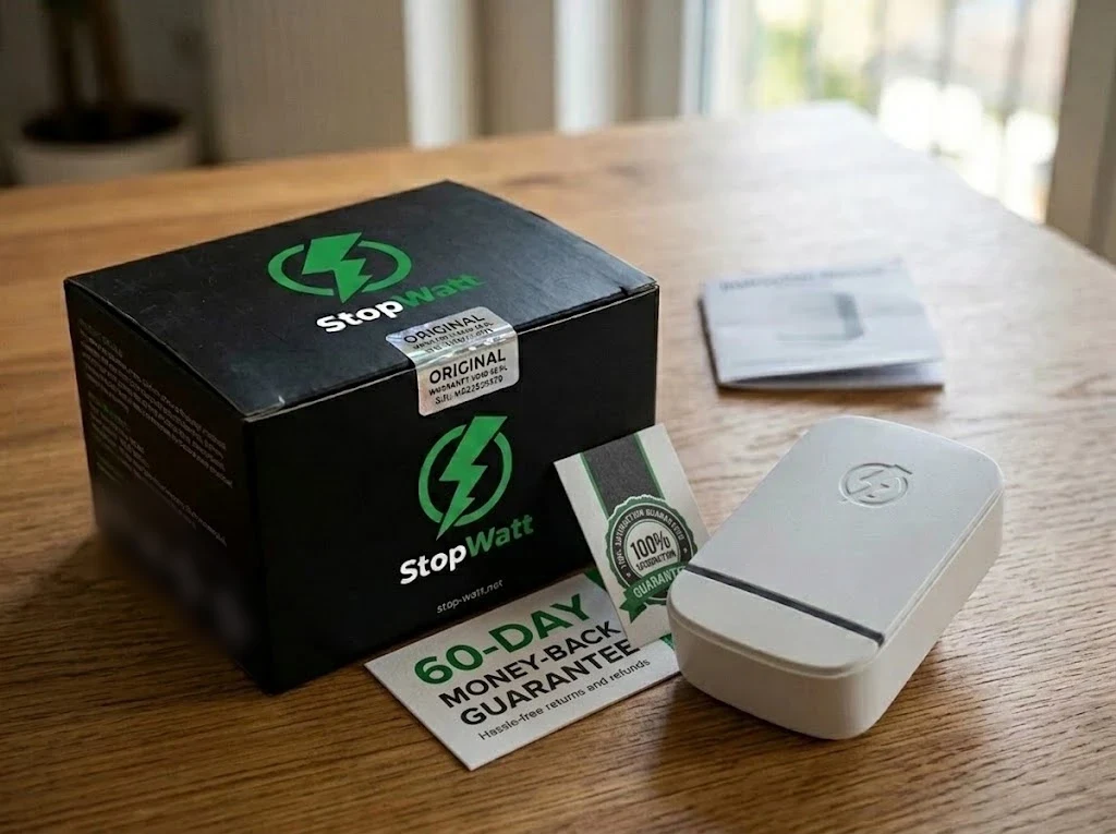 Caja de StopWatt con la tarjeta de garantía de 60 días