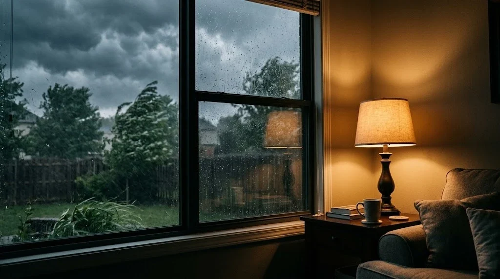 Tormenta fuera de la ventana con una lámpara encendida dentro